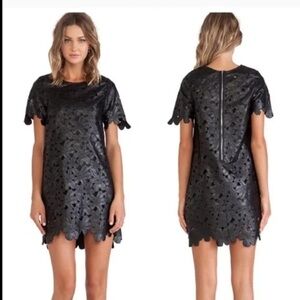 J.O.A.- black faux leather , floral laser-cut dress 
Zipper on back